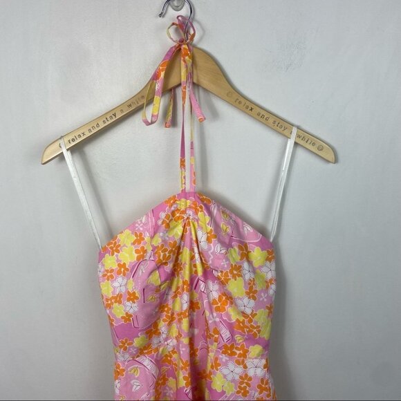 Lilly Pulitzer Pink‎ White Yellow Floral Midi Halter Dress Size 0 Cotton Barbie - Picture 9 of 11